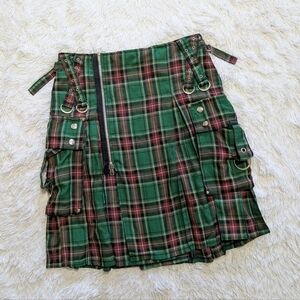 Y2K Tripp Green & Red Tartan Plaid Pleated Cargo Kilt Size XS